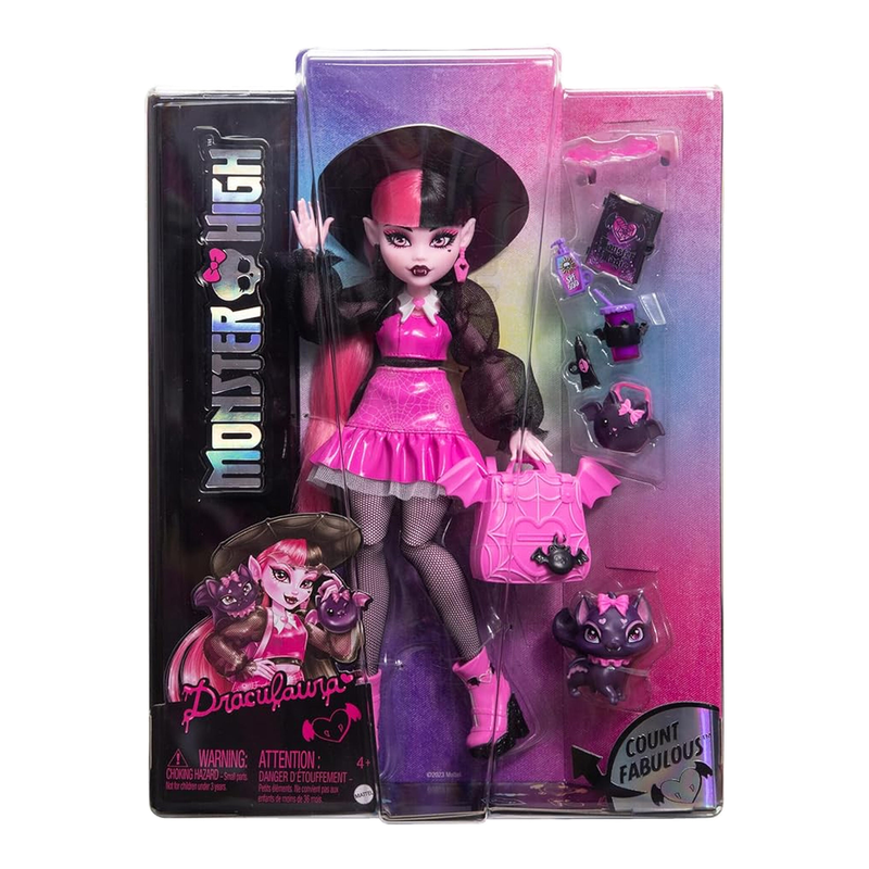 Monster High Draculaura pop - 25 cm, roze en zwart