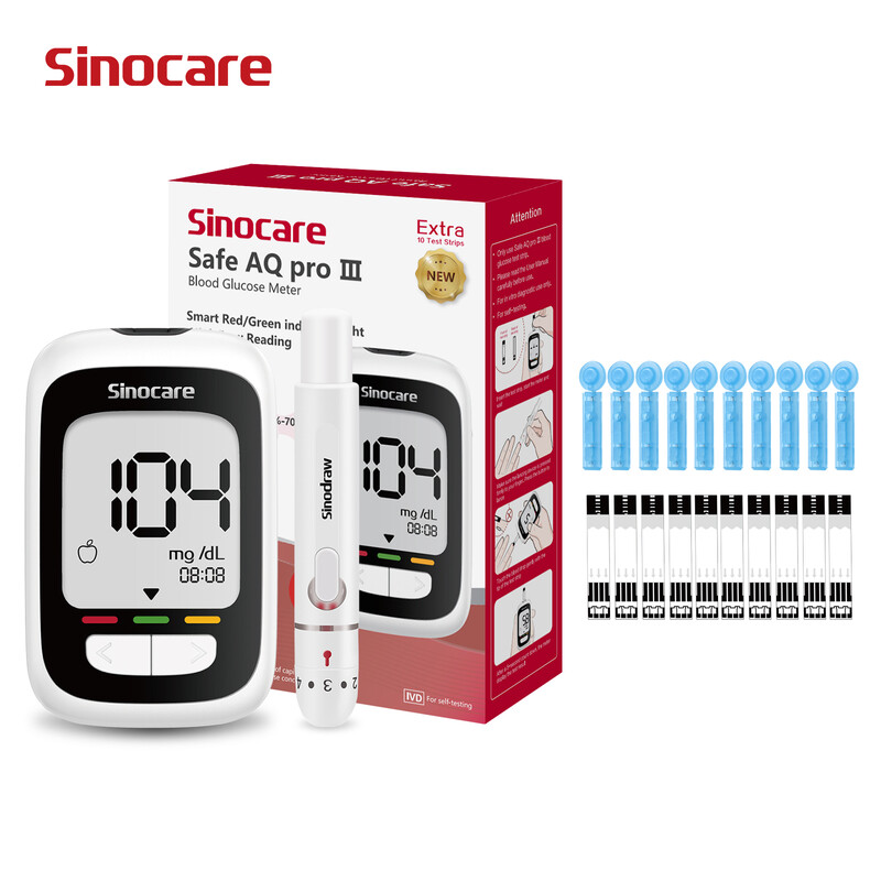 Sinocare Safe AQ Pro Ⅲ Blood Sugar Monitor Glucose Monitor Blood Glucose Meter Blood Ketone Warning 500 Memory with 10 Glucose Test Strip Set ~10 Strips/Set (mmol/L Version, Built-in Test Strip)