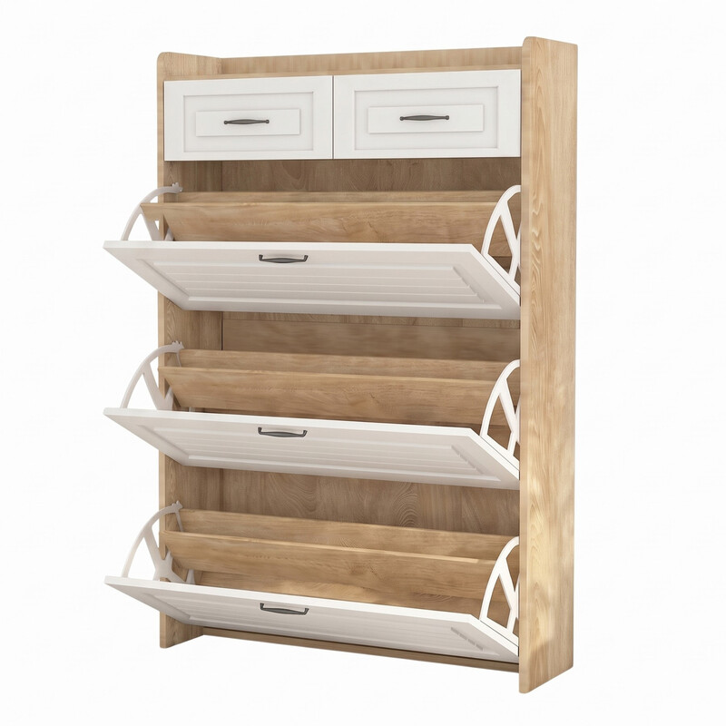 White Shoe Cabinet with 3 Flip Doors and 2 Drawers 80x23.5x131cm