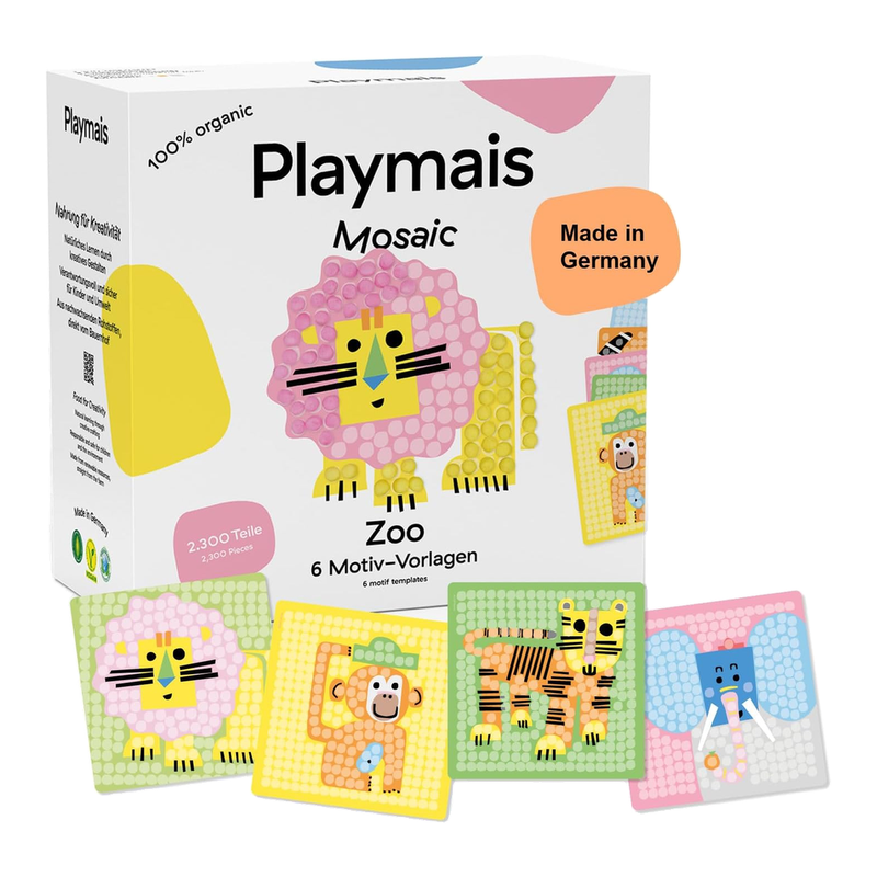 PlayMais Mosaik Zoo | 2300 Teile | Bastelset | Naturspielzeug | Enthält Schwämme, 6 Motivvorlagen | Vegan, verantwortungsvoll & sicher für Kinder & Umwelt | Weihnachtsgeschenk