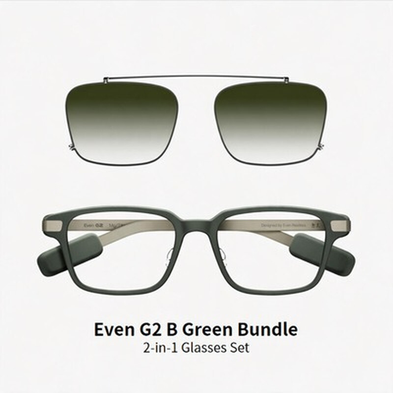 Even Realities - Even G2 B Grün (Rechteckig) + Clip & Pouch Grün Rechteckiges Bundle - Alltagsgerechte Display-Smart-Glasses mit Clip-Sonnenblende, Kamerafrei, Datenschutz-First, 2-Tage-Akku, Leistungsstarke Funktionen zur Erweiterung Ihrer Sicht und zum