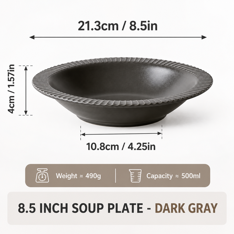JIWOO Collins 8,5-Zoll-Suppenteller aus feinem Keramik im Nordic-Stil, schwarz oder dunkel Grey, 1 Stück