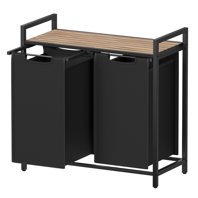 Ochama X Songmics Joyfurnos Clothes Hamper With 2 Compartments, Removable Liner Bags, Laundry Basket, Shelf, Black And Camel Brown
