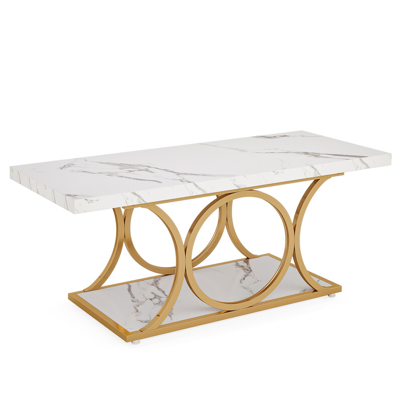 LANTINE Rechthoekige Salontafel 120 cm, Moderne Salontafel voor Woonkamer, 2-lagen Kunstmarmeren Houten Salontafel met Geometrische Poten, Meubel met Opbergplank (Wit & Goud)