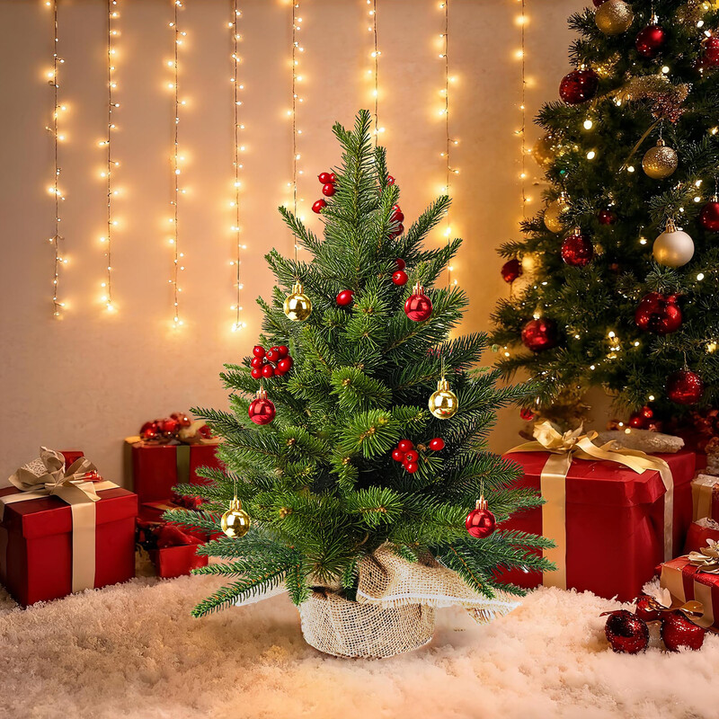 1 Pc 23.6in/60cm Mini Christmas Tree, Artificial Christmas Tree Indoor Small Christmas Table Decorated Christmas Tree with Red Berries and Christmas Baubles Artificial Tree Gift for Christmas Decoration Office Home