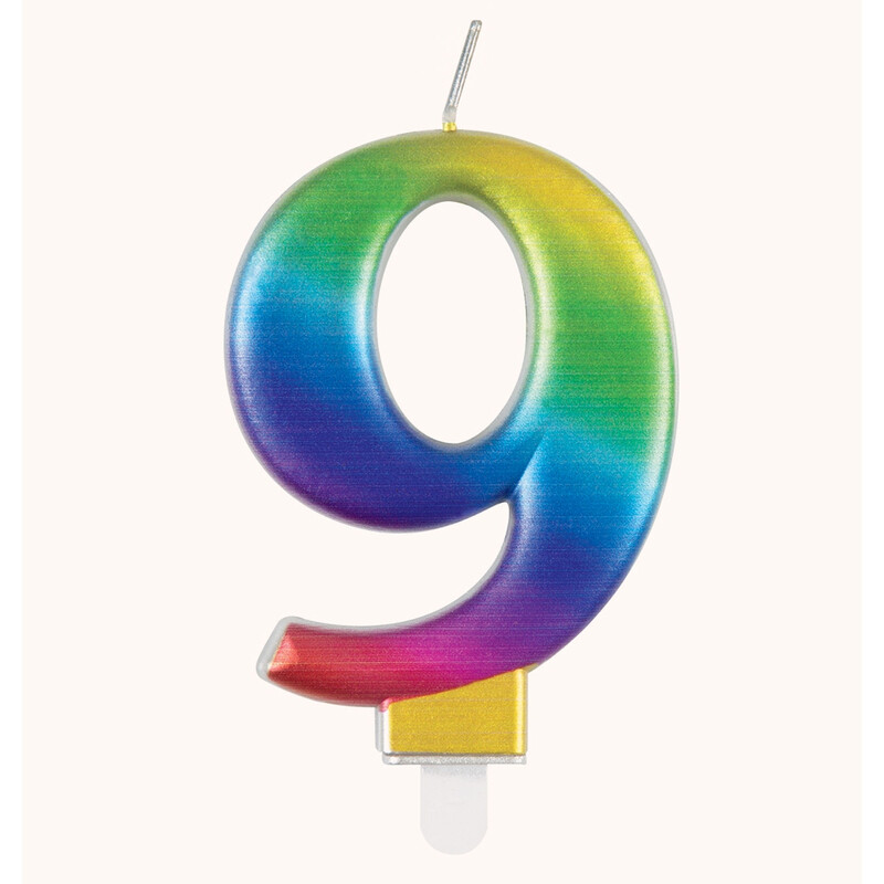 Unique Metallic Number 9 Candle, Rainbow