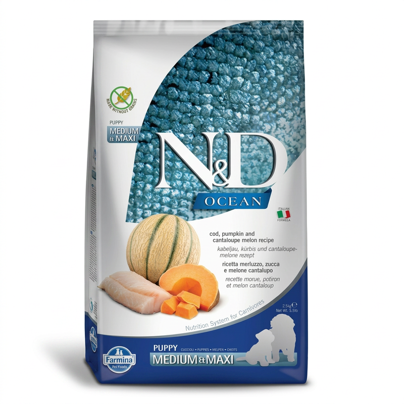 Farmina N&D Ocean Kabeljau mit Kürbis Hundefutter für Welpen Mittel-/Großrassen 2,5 kg