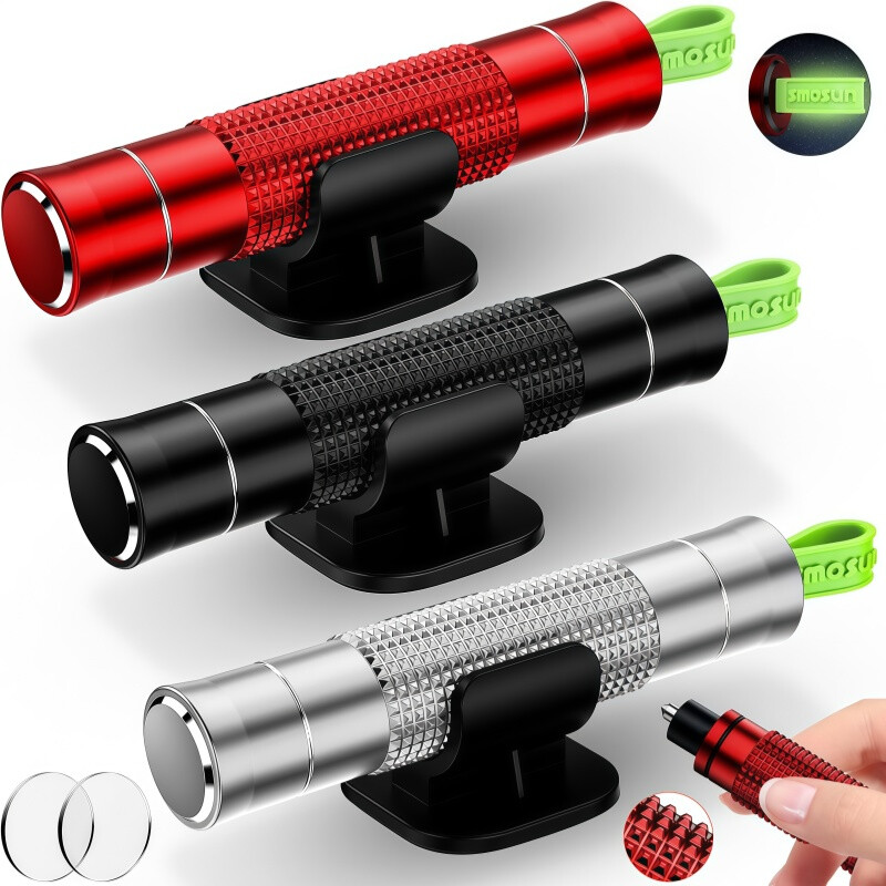 Smosun Safehammer verbeterde versie veiligheidshamer/glasbreker/onderwater-ruitenbreker/autoveiligheidshamer/gordelsnijder/noodontsnappingsgereedschap, geschikt voor nieuwe auto's (3-delige set, rood/zwart/zilver)