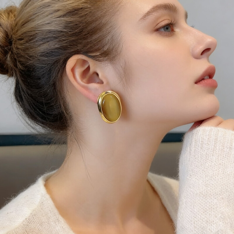 European and American style brown geometric cat's eye stone earrings, stud earrings,