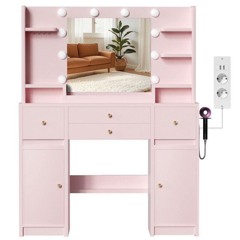 GTIMEX Make-uptafel met ledverlichting, uitgerust met een grote HD-spiegel (met stopcontact en USB-aansluiting, 10 open opbergvakken, 4 lades, 2 kasten, 5 sieradenhaken, 10 ledlampen, 3 lichtkleuren), afmetingen: 108 × 40 × 144 cm. Geluidsarme latten, kan