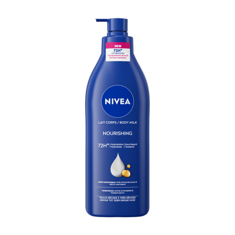 NIVEA Verzorgende Body Milk - met Hyaluronzuur Zachte Amandel Olie en Voedend serum - Body Melk met 72 Uur Hydratatie - Voor Droge tot Zeer Droge Huid - 400 ml