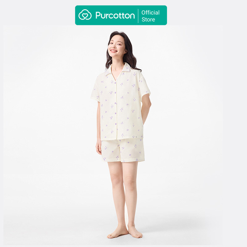 Purcotton Damen Doppellagiges Gaze Lounge-Set - Off-White Grundfarbe mit Lila Schleifen-Print - Bequemer, hautfreundlicher, entspannter, fauler Stil - Oberteil: 165/88 A; Unterteil: 165/72 A