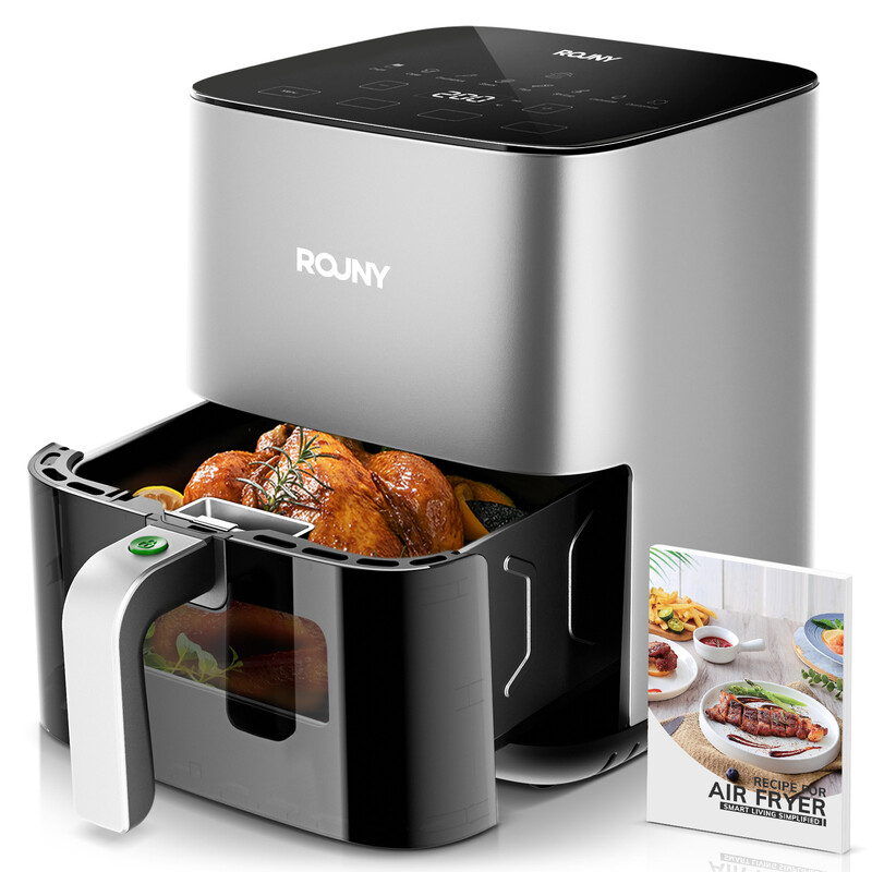 ROUNY 5 liter heteluchtfriteuse, elektrische heteluchtfriteuse met stoommandje, kinderslot, kijkvenster, touch-bediening, mand met antiaanbaklaag voor gezinsmaaltijden en snacks, T3