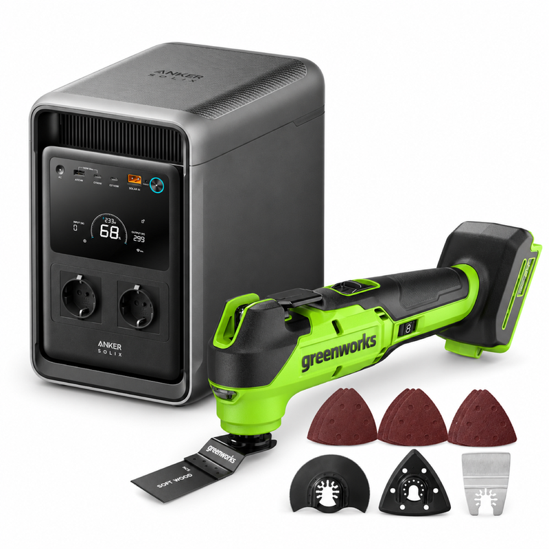 Anker SOLIX S2000 tragbare Powerstation 2000 Wh, 1500 W + Greenworks 24 V kabelloses Multifunktionswerkzeug mit Zubehör, Akku und Ladegerät …
