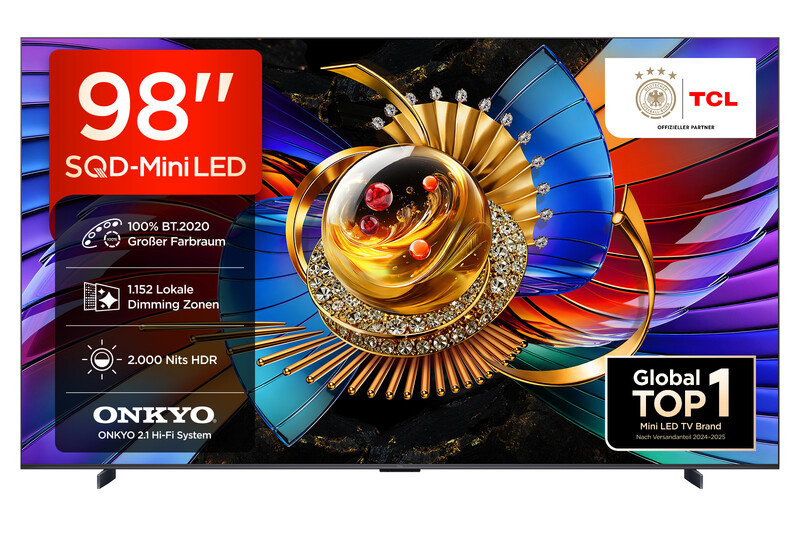 TCL 98Q7D PRO 98 Zoll 4K SQD-Mini LED TV, 100 % BT.2020, 1.152 lokale Dimming-Zonen, 2.000 Nits HDR, Anti-Reflexion, 144 Hz, Dolby Vision IQ & Dolby Atmos, Google TV
