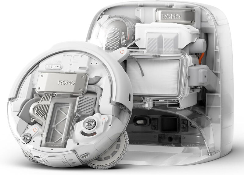 DJI ROMO P robotstofzuiger en dweil met transparant ontwerp, 25.000 Pa zuigkracht, sensoren op drone-niveau, dubbele robotarmen, 200 dagen onderhoudsvrije werking, aanpasbare dweiloplossingen
