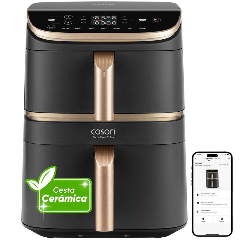 Cosori Turbo Tower Pro Smart Enkel 10,8 l Vrijstaand 2630 W Heteluchtfriteuse Zwart, Goud
