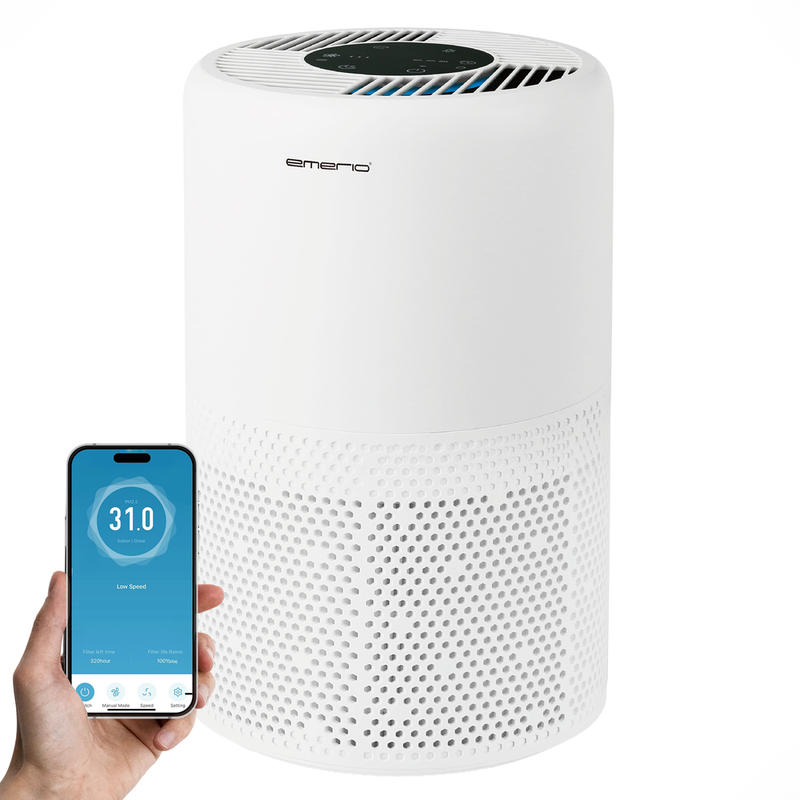 Emerio AP-132324, Purificateur d'air, Filtre HEPA 13 &à charbon, Contrôle par application, 25 m², Blanc