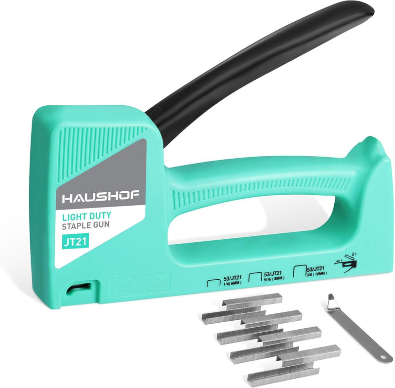 HAUSHOF groen handmatig nietpistool, bekledingsnietpistool, houtbewerkingsnietpistool, geschikt voor type 53 nietjes, inclusief 800 nietjes van 8 mm, met nietverwijderaar, geschikt voor houten planken, stof, meubels