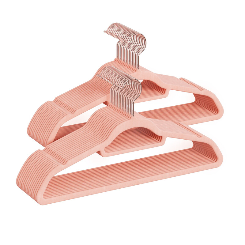 Ochama 30 soft velvet clothes hangers - Light pink, 43.5 cm long, 0.6 cm thin thickness - non-slip, space-saving, with pink gold swivel hook and tie rod, great for dresses & pants, 43.5x22.5x0.6 cm