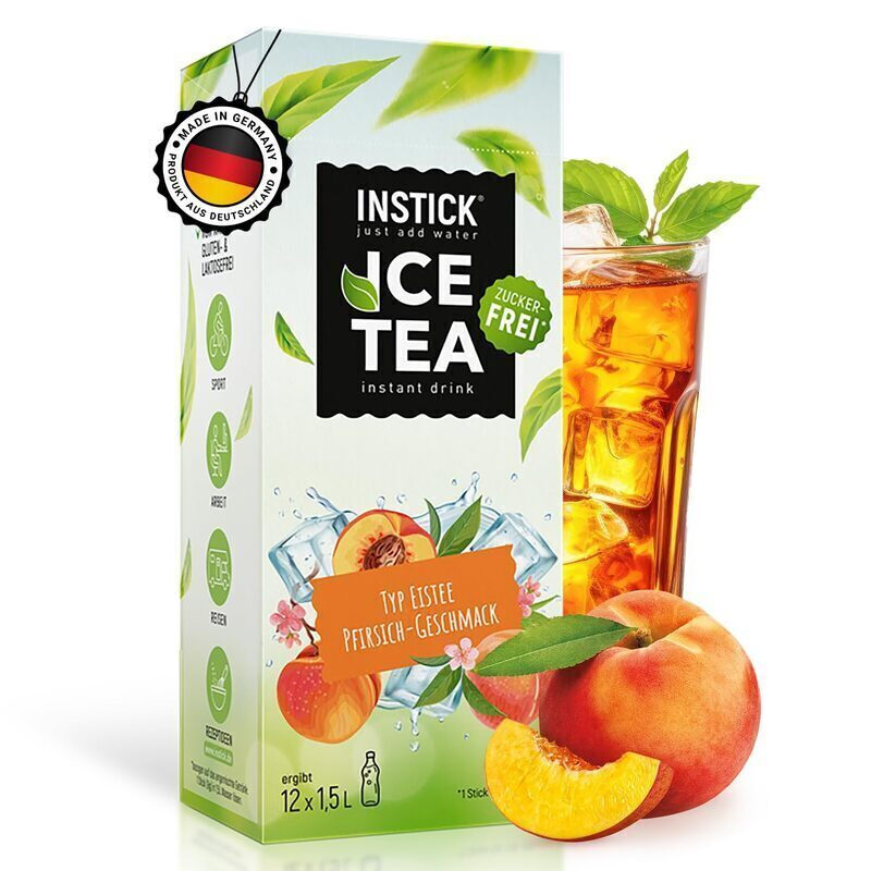 INSTICK Eistee Getränkepulver – Pfirsich 12 Sticks je 1,5–2,5L – Zuckerfreies Erfrischungsgetränk mit Vitamin C & Schwarztee-Extrakt – Für bis zu 30L Wasser mit Geschmack