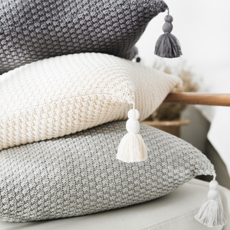 , Cotton knit/Fringed Cushion Cover, 50x50cm, ivory, 1pack