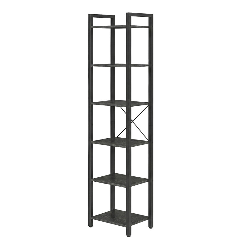 JOYFURNOS 6-Laags Hoge Boekenkast, Smalle Boekenkast met Stalen Frame, Slanke Boekenplank voor Woonkamer, Studieruimte, Zwart