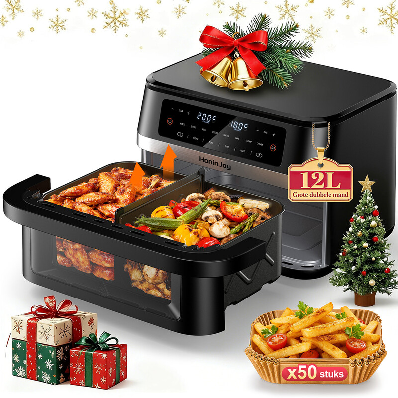 HoninJoy 12 qt grote heteluchtfriteuse met dubbele mand en flexmand, kijkvenster en 50 stuks papieren inlegvellen, 12-in-1 gezinsformaat met synchronisatie, dubbel en verlichting, dubbele zone voor bakken, braden, opnieuw opwarmen, vaatwasmachinebestendig