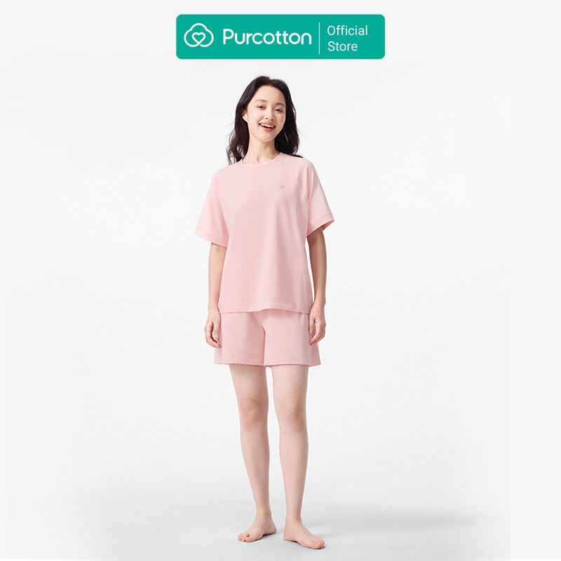 Purcotton Women's Antibacterial Knit Loungewear Set - Shorts Style - Comfortable Skin-Friendly - Restful & Casual Style - Calm Pink - Top: 160/84A; Bottom: 160/68A
