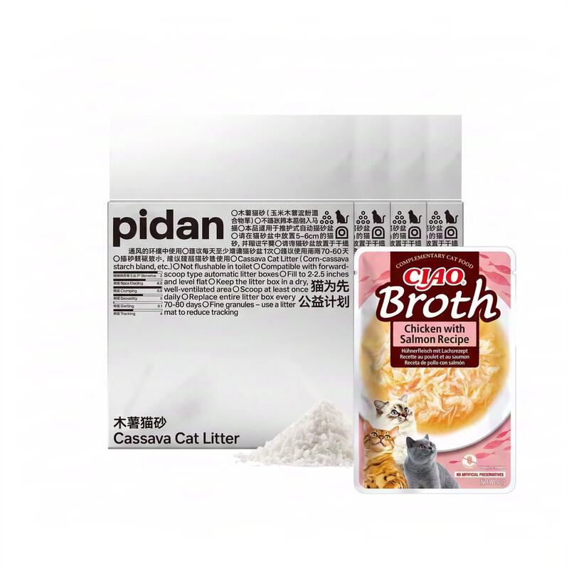 pidan cassave kattenbakvulling 2,4 kg * 4 en INABA bouillon kip met zalm recept 40 g