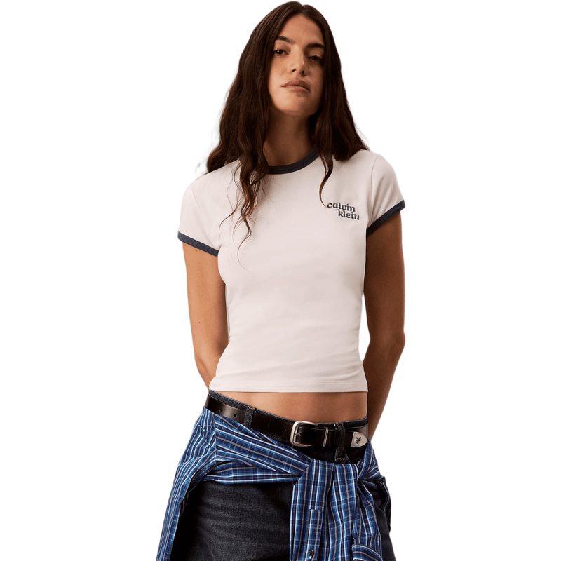 Calvin Klein Jeans Women Embroidered Logo Ringer T-Shirt - Tofu