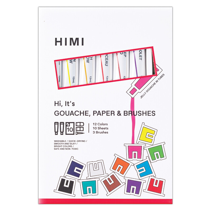 Himi Tube Gouache Kit Including 3 Brushes And 10 Paper Sheet - 12 Paint Colours (12 Ml)
