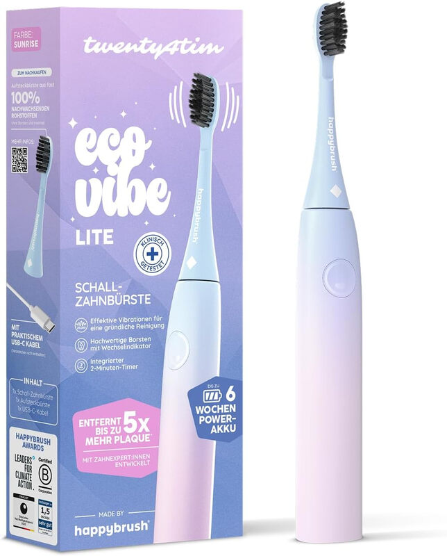 happybrush ECO VIBE Lite Schallzahnbürste Starter-Set, 6 Wochen Akkulaufzeit, Reisegröße, Sunrise, 1 Bürstenkopf