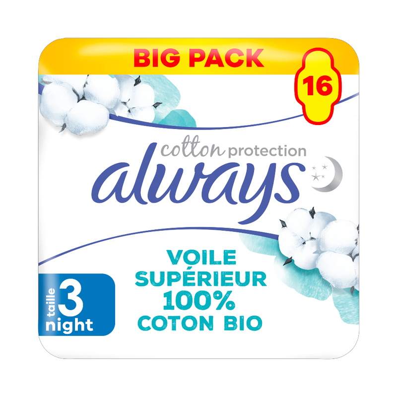 Always serviettes hygiéniques protection coton bio nuit grand format x16
