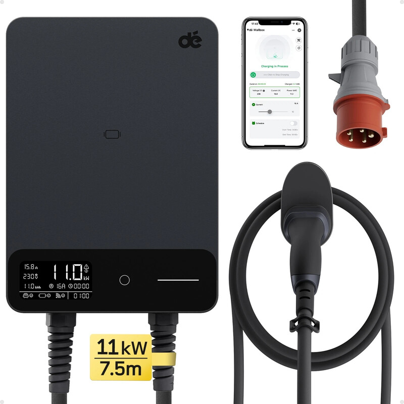 dé Wallbox 11 kW mit App, 7,5 m Typ-2-Ladekabel EV-Ladestation schwarz mit Kabelhalterung, 3-phasig (6–16 A, 400 V), für BEVs/PHEVs, FI-Schutz Typ A 30 mA AC + 6 mA DC & IP54-Schutz
