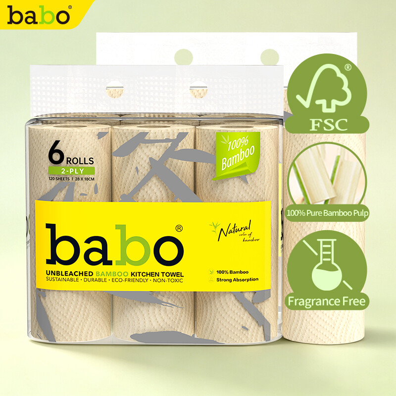 BABO Keukenpapier bamboepulp EU-norm, 2 lagen 120 vellen/rol, 6 rollen/bundel, 2 bundels/doos = 12 rollen, vetabsorberend zonder bleek, composteerbaar keukenreinigingspapier