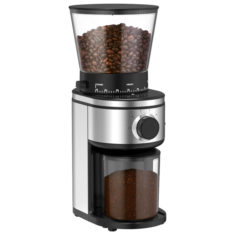 Ollygrin BG702 Kaffeemühle, elektrische Kegelmahlwerk-Kaffeemühle mit 30 einstellbaren Mahlgraden, für 2–12 Tassen, Silber & Schwarz