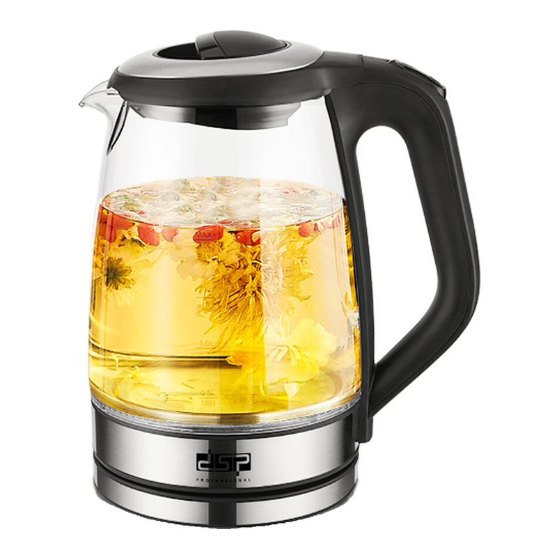 DSP 1,7 liter glazen elektrische waterkoker met 2200 W snelle kookfunctie, 360° draaibare basis en LED-verlichting (Model KK1273)