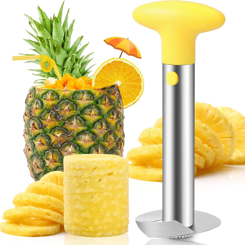 PLYS Gele handgreep roestvrijstalen ananasboren- en snijder hulpmiddel voor thuis ananas pitverwijderaar