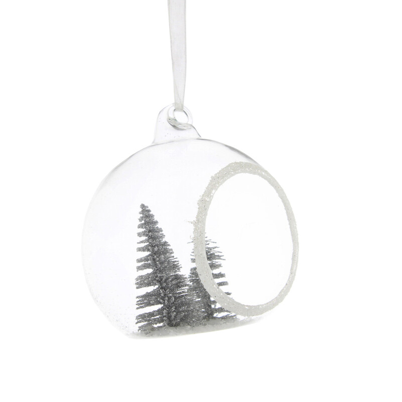 Festive Christmas Clear Glass Bauble with Trees Inside - 8cm Open-Front Tree Ornament for Holiday Decoration