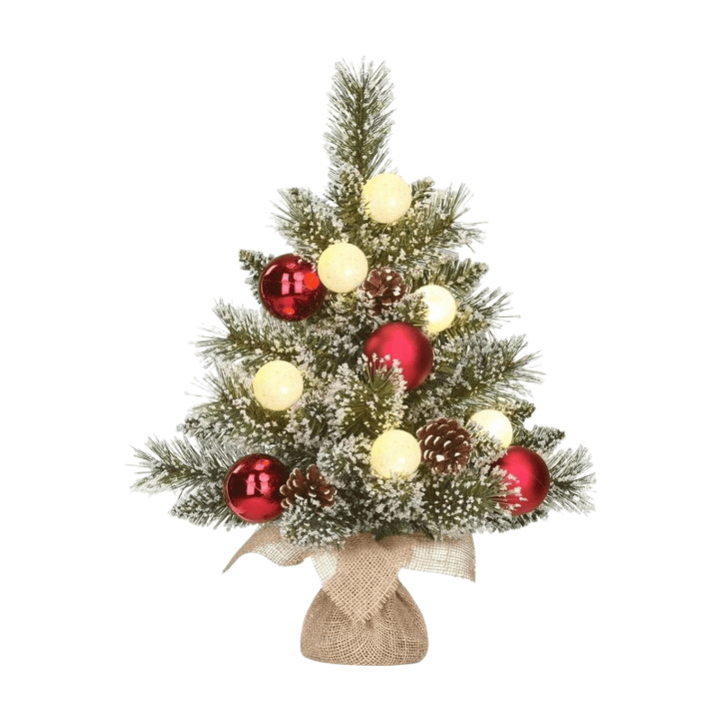Black Box Trees Kaprun kerstboom met jute, groen met rode frosted afwerking, 8 lampjes, 36 takken, op batterijen met timer - h45xd33 cm