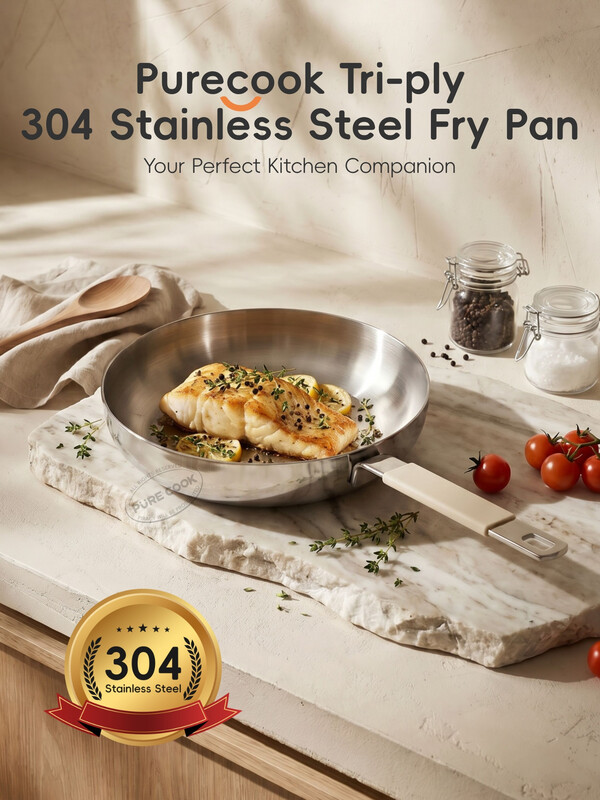 PURECOOK Frying Pan | Tri‑Ply 304 Stainless Steel | No Lid | Detachable Anti‑Scald Silicone Sleeves | Mirror Polished Exterior | Brushed Inner Surface | Elegant Metallic Look | Compact 22cm(8.5‑Inch) | For 1‑2 Person Daily Cooking | All Cooktops | Free from PFAS, PTFE and PFOA