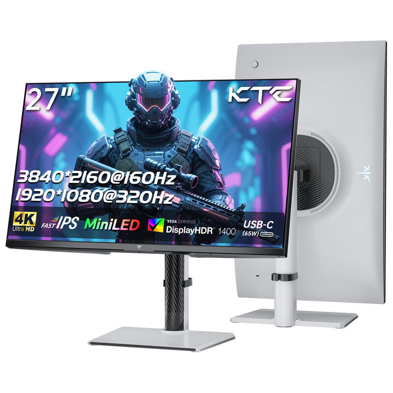 KTC 27 Zoll Mini LED Gaming Monitor, Dual Mode 4K 160Hz & FHD 320Hz, 1152 Zonen Local Dimming, HDR1400, Fast IPS, 1ms GTG, Adaptive Sync, 145% sRGB, 98% DCI-P3, KVM, USB-C 65 W, HDMI 2.1, DP 1.4, M27P6