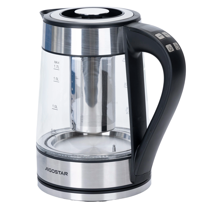 Electric kettle/Glass&Plastic/2200W/1.7L/Electronic/Adjust temperature/With tea filter/Black and silver/VDE/John