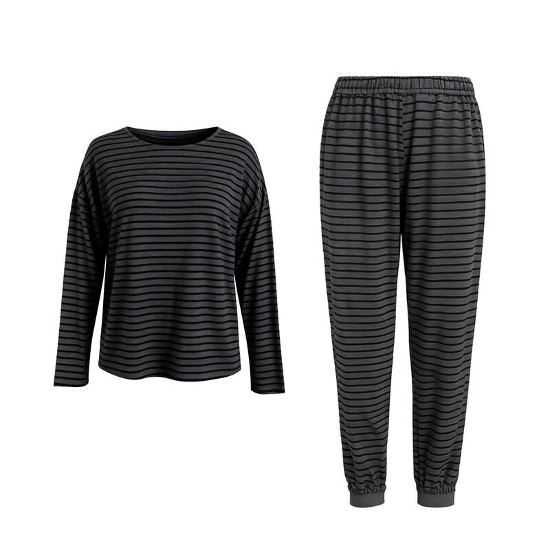 round-neck striped black long sleeved top and pants set S
