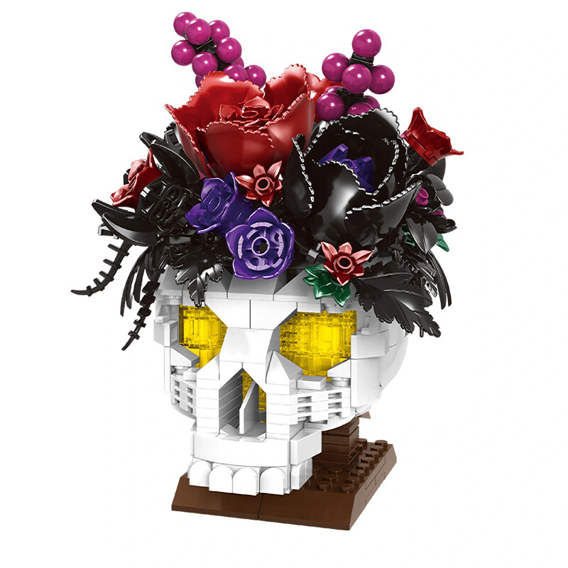 Woma gothic schedel & roos bloemen bouwstenenset, 551 stuks, DIY bloemen skelet bouwstenen model, Halloween woondecoratie ornament, creatief bouwcadeau voor volwassenen & verzamelaars