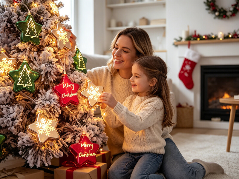 LED kerstverlichting, vijfpuntsster, kerstboom- en sneeuwvlokpatroon, rood, groen en wit, geschikt voor binnen- en buitendecoratie, Moederdag, Kerstmis, bruiloftdecoratie