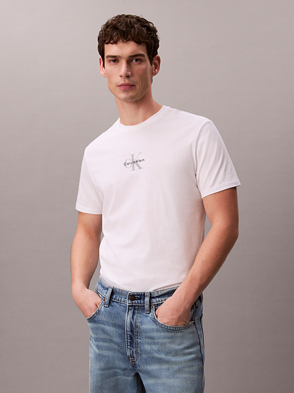 Calvin Klein Men's White Jeans Monogram Logo T-Shirt - Bright