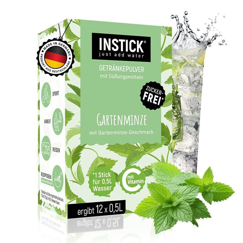 INSTICK Zuckerfreies Instant-Getränk (Gartenminze) - 1 Packung für 12 x 0,5-1 L - Veganes Getränkepulver Kalorienarm & Vitamin C - Instant-Pulver