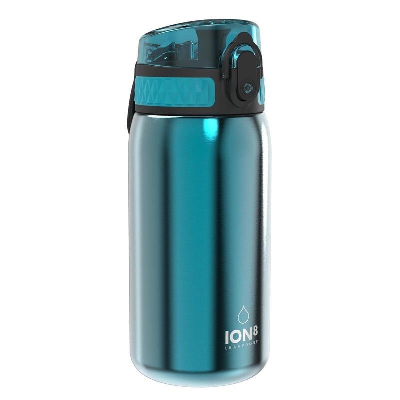 ION8 lichtgewicht roestvrijstalen waterfles voor kinderen, 400 ml/13 oz, niet geïsoleerd, lekvrij, eenvoudig te openen, veilige vergrendeling, vaatwasserbestendig, past in bekerhouders, draaggreep, metalen waterfles, metallic aqua